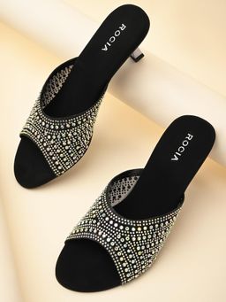 ROCIA - By Regal Black Womens Diamante Mesh Slip On Stiletto Heels