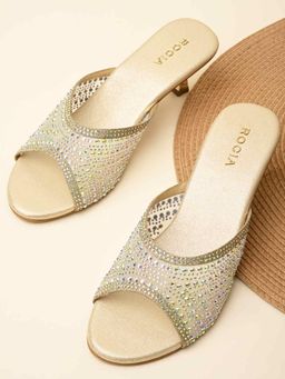 ROCIA - By Regal Gold Womens Diamante Mesh Slip On Stiletto Heels