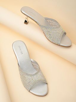 ROCIA - By Regal Silver Womens Diamante Mesh Slip On Stiletto Heels