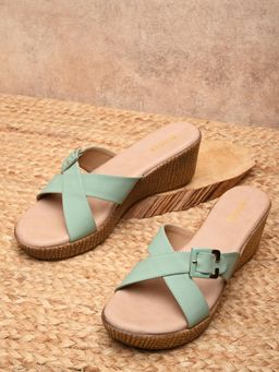ROCIA - By Regal Green Womens Casual Buckled Wedges Heels