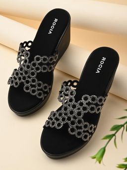 ROCIA - By Regal Black Womens Diamante Embellished Wedges High Heels