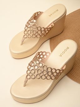 ROCIA - By Regal Gold Womens Diamante Embellished Wedges High Heels