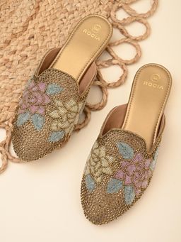 ROCIA - By Regal Antique Gold Womens Hand Embroidered Mules Heels