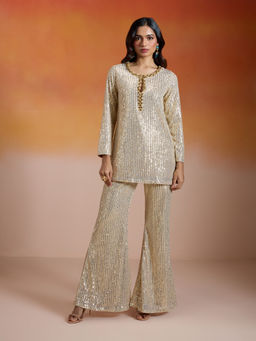 Gajra Gang - Bonjour Baegum Gold Georgette Sequin Crystal Embroidered Co-Ord (Set of 2)
