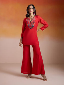 Gajra Gang - Bonjour Baegum Cherry Red Modal Muslin Embroidered Co-Ord GGBBCS05 (Set of 2)