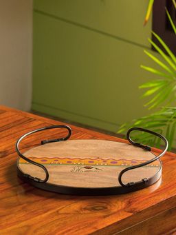 ExclusiveLane - Round Handled Madhubani Hand-painted Tray In Mango Wood & Iron (13 Inch)