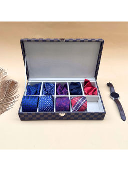 La Trove - Navy Blue Check Tie Pocket Square Organiser Closed Box