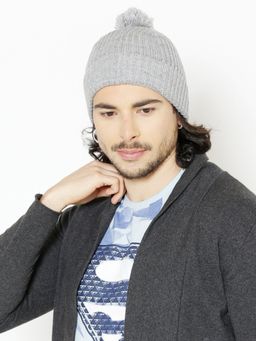Bharatasya - Grey Knitted Pom-Pom Beanie Cap
