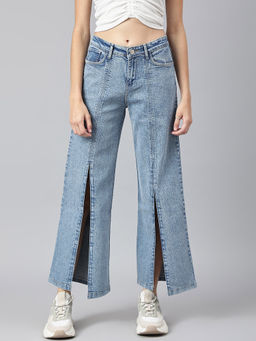 Xpose - Women Blue Comfort Wide Leg High-Rise Front Slit Stretchable Jeans