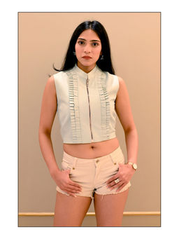 Label Simran Kochher - Blue Playful Ruffles Leather Crop Top