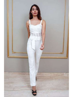 Label Simran Kochher - White Pristine Lacy Corset Jumpsuit with Belt (Set of 2)