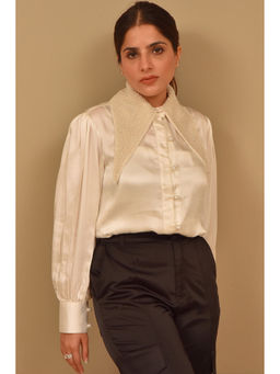 Label Simran Kochher - White Pearl Satin Beaded Collar Shirt