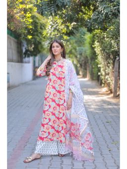 DIMPLE DESIGN STUDIO - Red Meher Kurta With Palazzo And Dupatta (Set of 3)