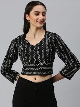 SHOWOFFFF - Women Sweetheart Three Fourth Sleeves Stripes Black Crop Top