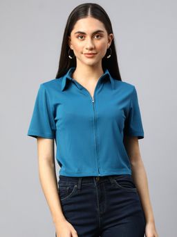 Xpose - Women Blue Zip Up Short Sleeves Crop Top