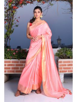 CHARUKRITI - Pink Blended Cotton Saree with Unstitched Blouse