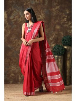 Triyah - Surreal Scarlet Linen Saree with Unstitched Blouse