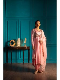 Aavya Store - Pink Anarkali with Pant, Dupatta and Crop Jacket (Set of 4)
