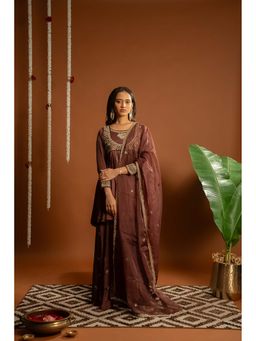 Aavya Store - Brown Short Kurta with Palazzo and Dupatta (Set of 3)