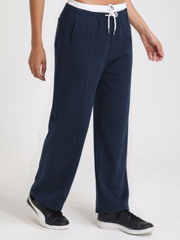 CHKOKKO - Navy Blue Relaxed Fit Cotton Blend Wide Leg Trackpant