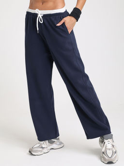 CHKOKKO - Navy Blue Regular Fit Mid-Rise Straight-Leg Sports Trackpant