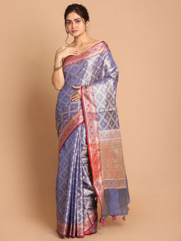 Indethnic - Banarasi Blue Woven Design Daily Wear Saree With Unstitched Blouse