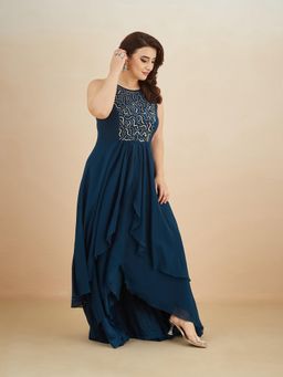 Miss Chase - A+ Curve Collection Plus Size Womens Teal Solid Embellished Maxi Dress