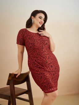 Miss Chase - A+ Curve Collection Plus Size Women's Brick Brown Bodycon Lace Dress