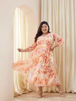 Miss Chase - A+ Curve Collection Plus Size Women's Pink and Orange V-Neck Midi Dress