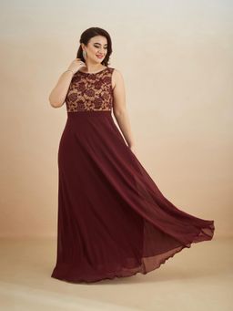 Miss Chase - A+ Curve Collection Plus Size Womens Beige and Wine Fit and Flare Maxi Dress