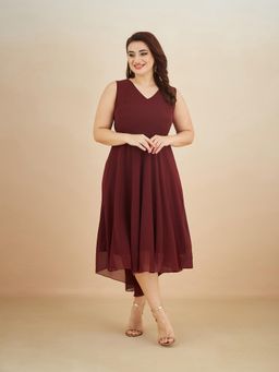 Miss Chase - A+ Curve Collection Plus Size Women's Wine Red High-Low Midi Skater Dress