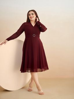 Miss Chase - A+ Curve Collection Plus Size Women's Wine Red V-Neck Midi Dress