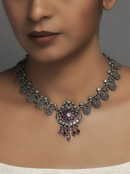 Divas Mantra - Peacock Garden Statement Necklace with Red Spinel Stones and CZ Stones