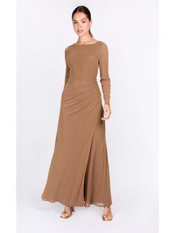 Little Mistress - Taupe Lurex Long Sleeve Maxi Dress