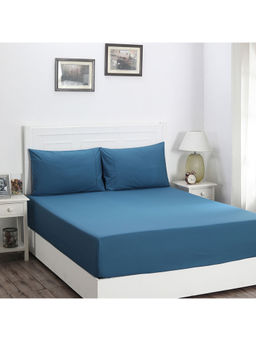 Maspar - Colorart Slumber Solid Saxsony Blue 200 TC Cotton Double Fitted Sheet With 2 Pillow Case