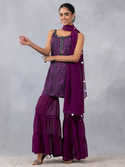 SHAYE - Shoulder Straps Purple Floral Print Ethnic Kurta with Sharara & Dupatta (Set of 3)