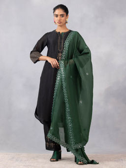 SHAYE - Round Neck Black Gold Embroidered Ethnic Kurta with Pants & Dupatta for Women (Set of 3)