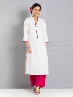 SHAYE - Band Collar White Floral Embroidered Ethnic Kurta for Women