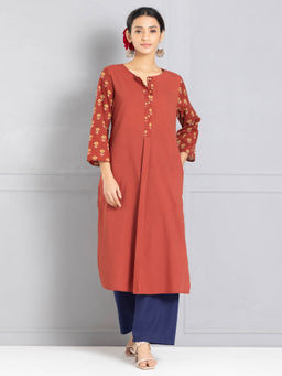SHAYE - Round Neck Brown Printed Three-Quarter Sleeves Ethnic Kurta for Women