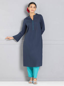 SHAYE - Band Collar Navy Blue Hand Embroidered Ethnic Kurta for Women