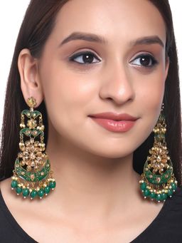 Yellow Chimes - Gold-toned Kundan Studded Green Meenakari Handcrafted Dangler Earrings