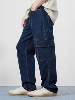 The Souled Store - Men Blue Pure Cotton Solid Straight Fit Cargo Pocket Jeans