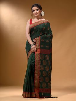 Arhi - Emerald Green Silk Matka Soft Paisley Motifs Saree with Unstitched Blouse