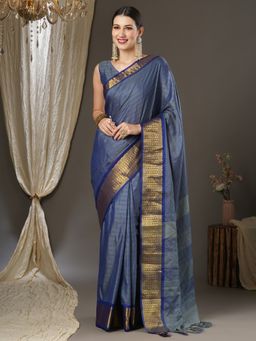 Akhilam - Womens Aura Silk Grey Woven Designer Saree with Unstitched Blouse