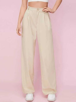 BROADSTAR - Women High-Rise Stretchable Beige Colour Baggy Fit Korean Trousers