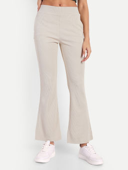 BROADSTAR - Women High-Rise Stretchable Light Beige Colour Flared Corduroy Trousers