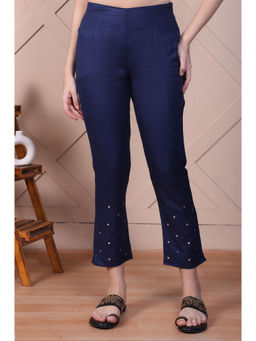 Folksong - Women's Indigo Blue Mirror Work Tussar Silk Slim Pants