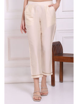 W - Ecru Solid Embroidered Hem Straight Pants