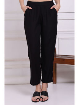W - Black Solid Ankle Length Rayon Straight Pants