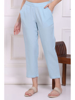 W - Blue Solid Cotton Flax Straight Pants